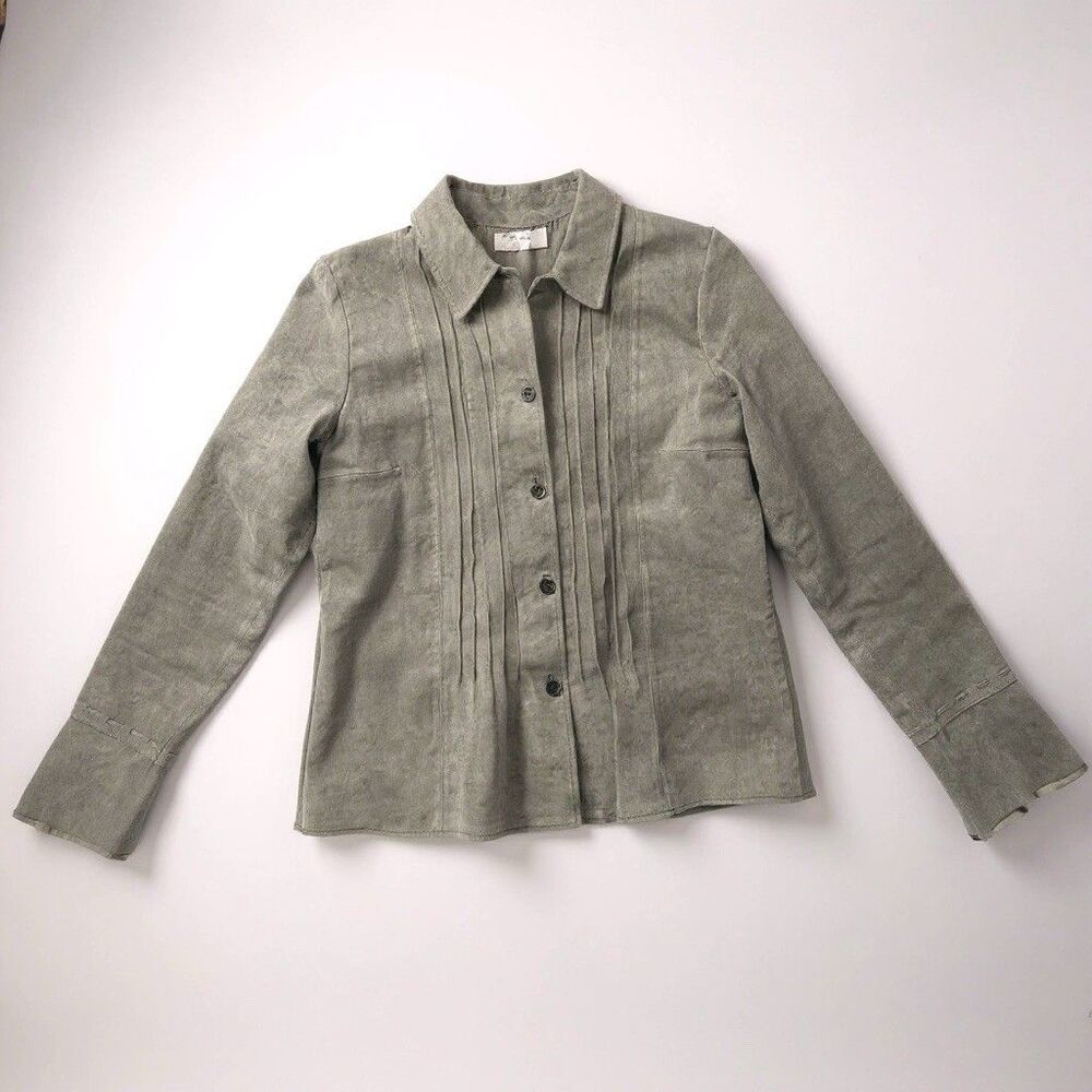 VTG Margaret Godfrey Suede Jacket Sage Green Size 12 Pin Tucks Bell Sleeves Y2K